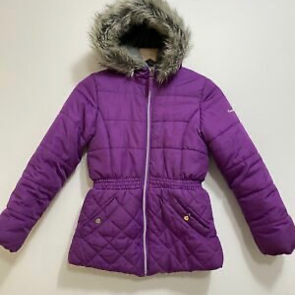 Purple Hooded Puffer Coat with Fur Trim - Picture 1 of 8